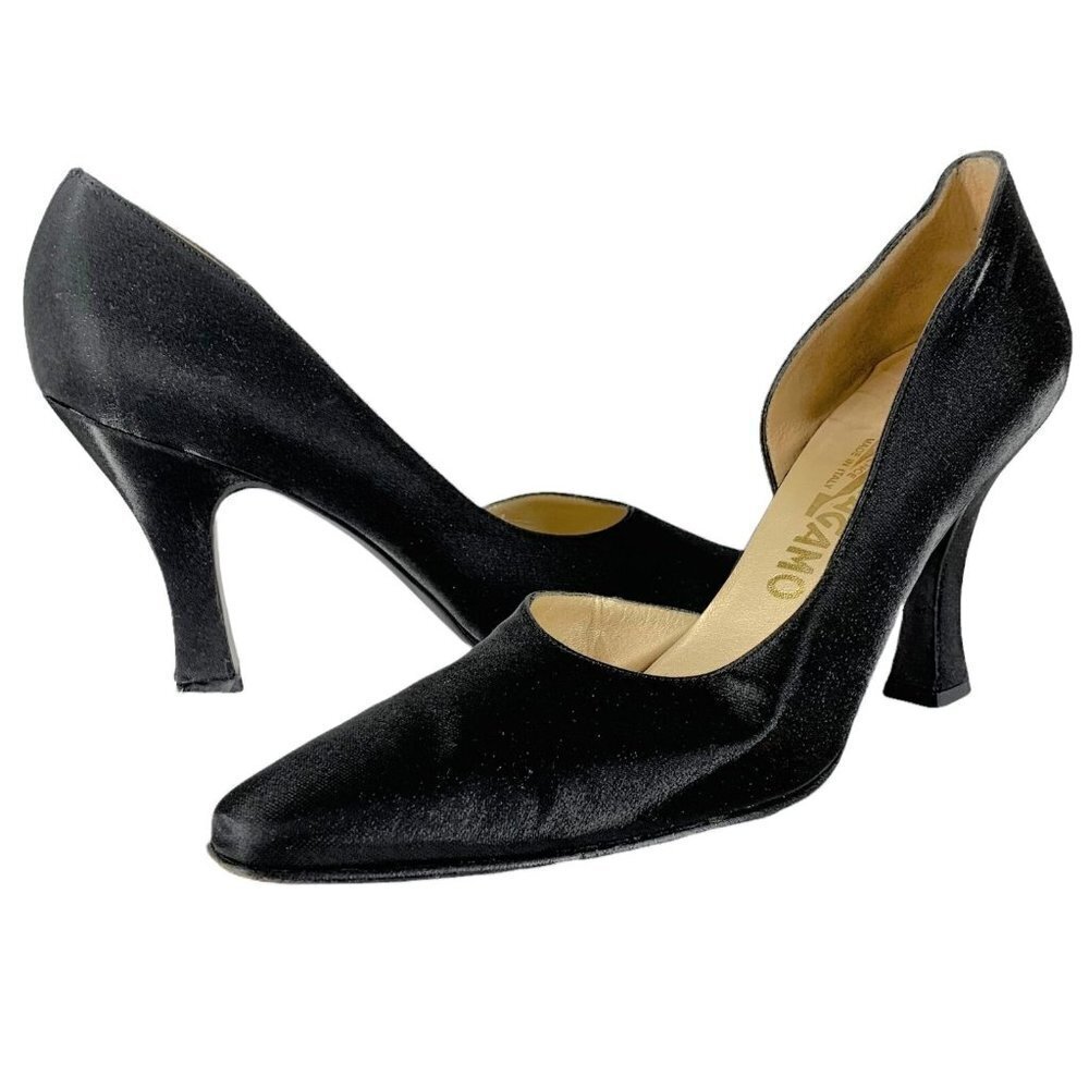 Vintage Y2K Salvatore Ferragamo Black Satin D'Orsay Heels Size 9 AA Evening